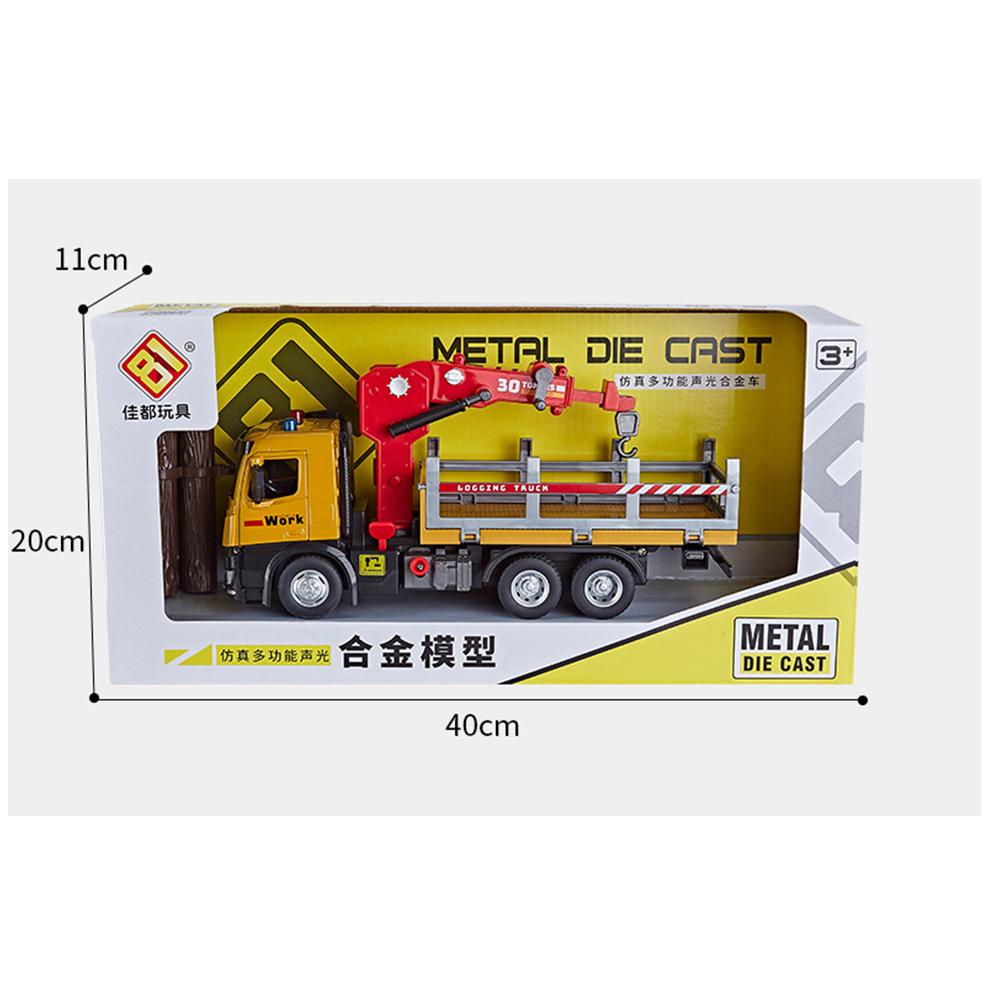 1/24 Scale Wooden Toy Truck Metal Cab, Friction Driven Wooden Truck, Equipped with A Full Function Loading Crane and 3 Loadable Logs, Light and Sound,