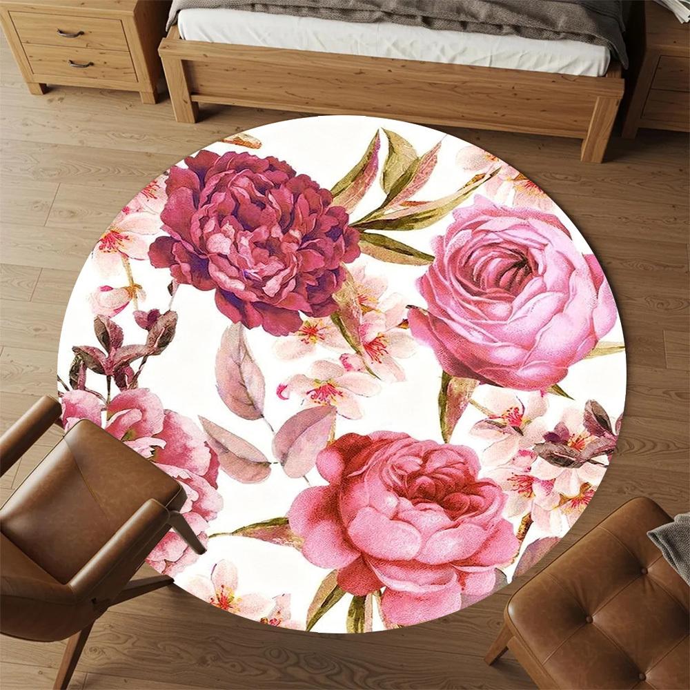 1pc Floral Pattern Roses Round Chair mat office Area Rug - Non-Slip, Floor Mat for Office, Bedroom, Ideal home decor gift c0112096