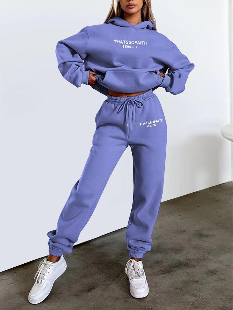 Ensemble Sweat-shirt à Capuche Imprimé Lettres pour Femme & Pantalon Long Décontracté en Polaire