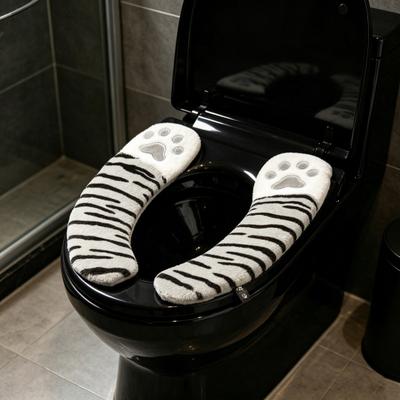 Toilet Seat Cover Striped Paw Pattern Non-Slip Washable Soft Thick Pad Winter Plush Toilet Seat Cushion Bathroom Decor