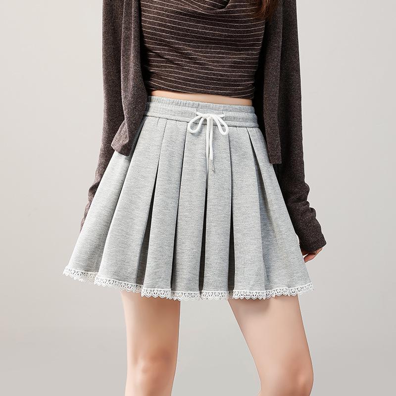2025 Sporty Lace Trim Pleated Skirt with Elastic High Waist Small хизер серый