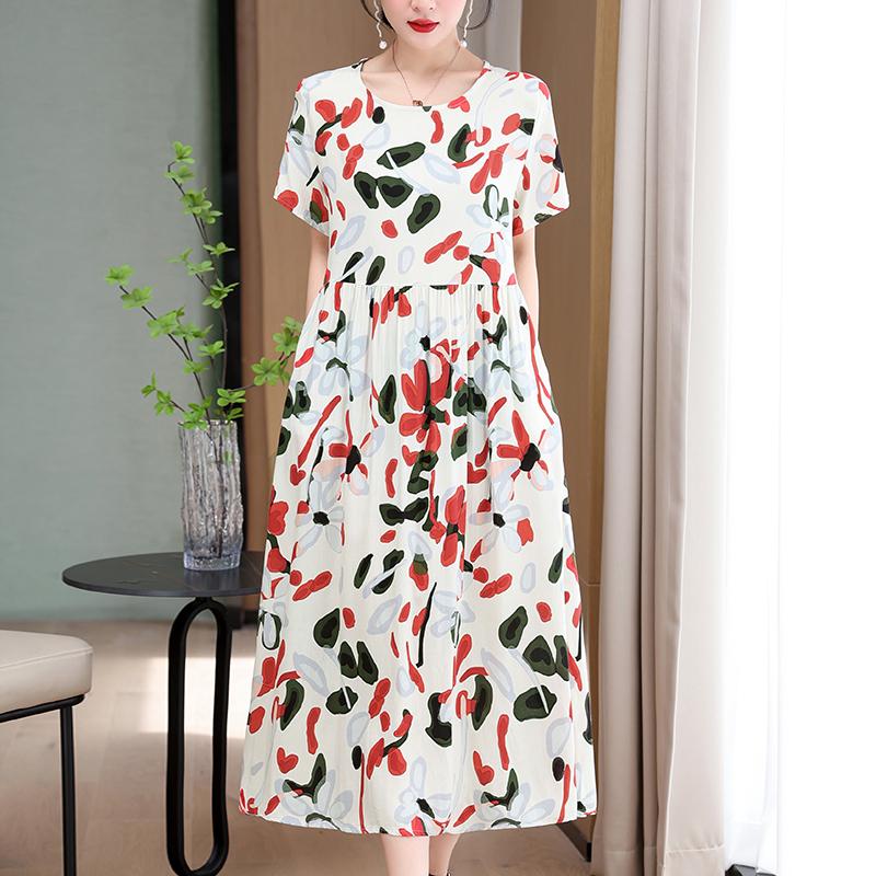Elegant Long Dresses Women Summer Casual Short Sleeve Vintage Dress Korean Style O-Neck Female Clothing