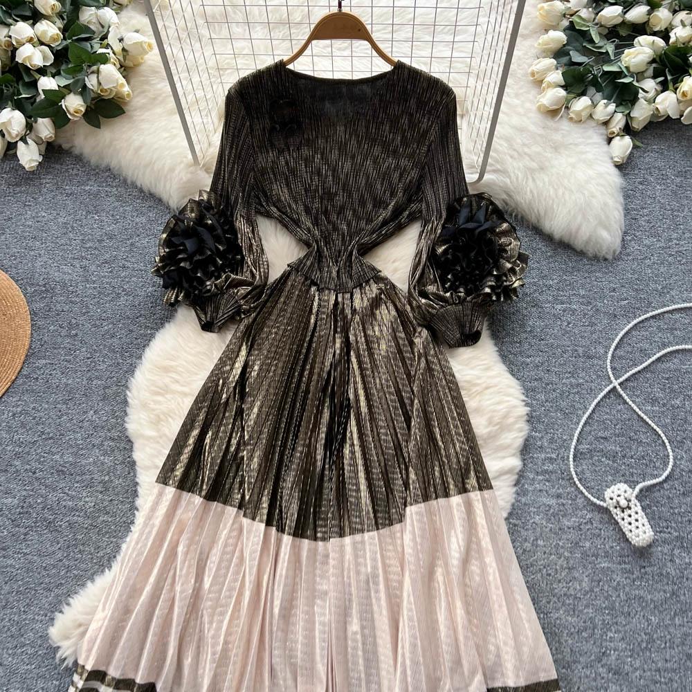 Wiosna Jesień Kobiety Luksus Plus Size Plisy Miyake Kwiat 3D Oversize Luźna Długa Sukienka Maxi Party Plisowana