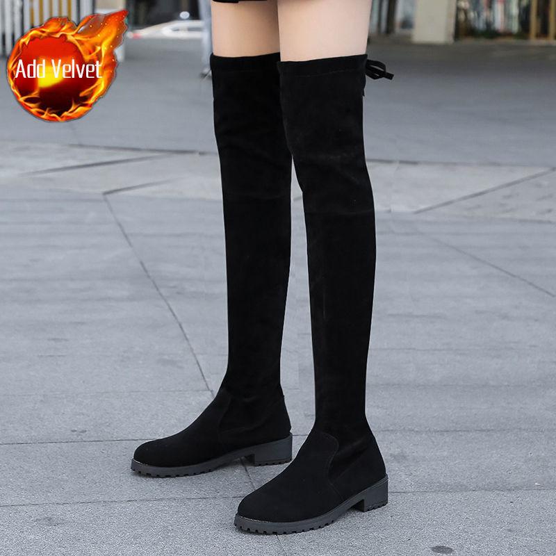 

Осень Зима Черные Элегантные Сапоги Ботфорты на Среднем Каблуке для Женщин 2025 Новые Эластичные С Круглым Носком Выше Колена Женские 40