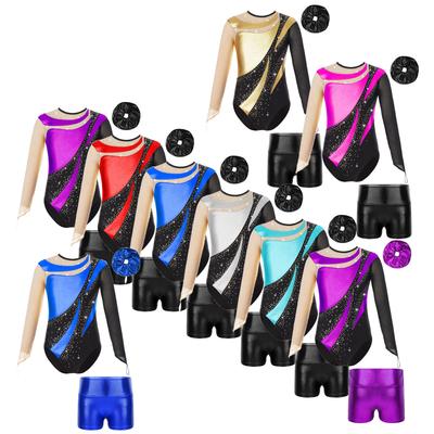 Maillot de bain fille en maille à manches longues avec dos ouvert brillant Short de danse taille haute métallique Bandeau pour cheveux Tenue de performance gymnastique