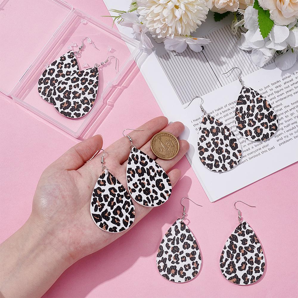 4 Pairs Artificial Leather Teardrop with Leopard Print Dangle Earrings, Platinum, White, 78.5x38mm