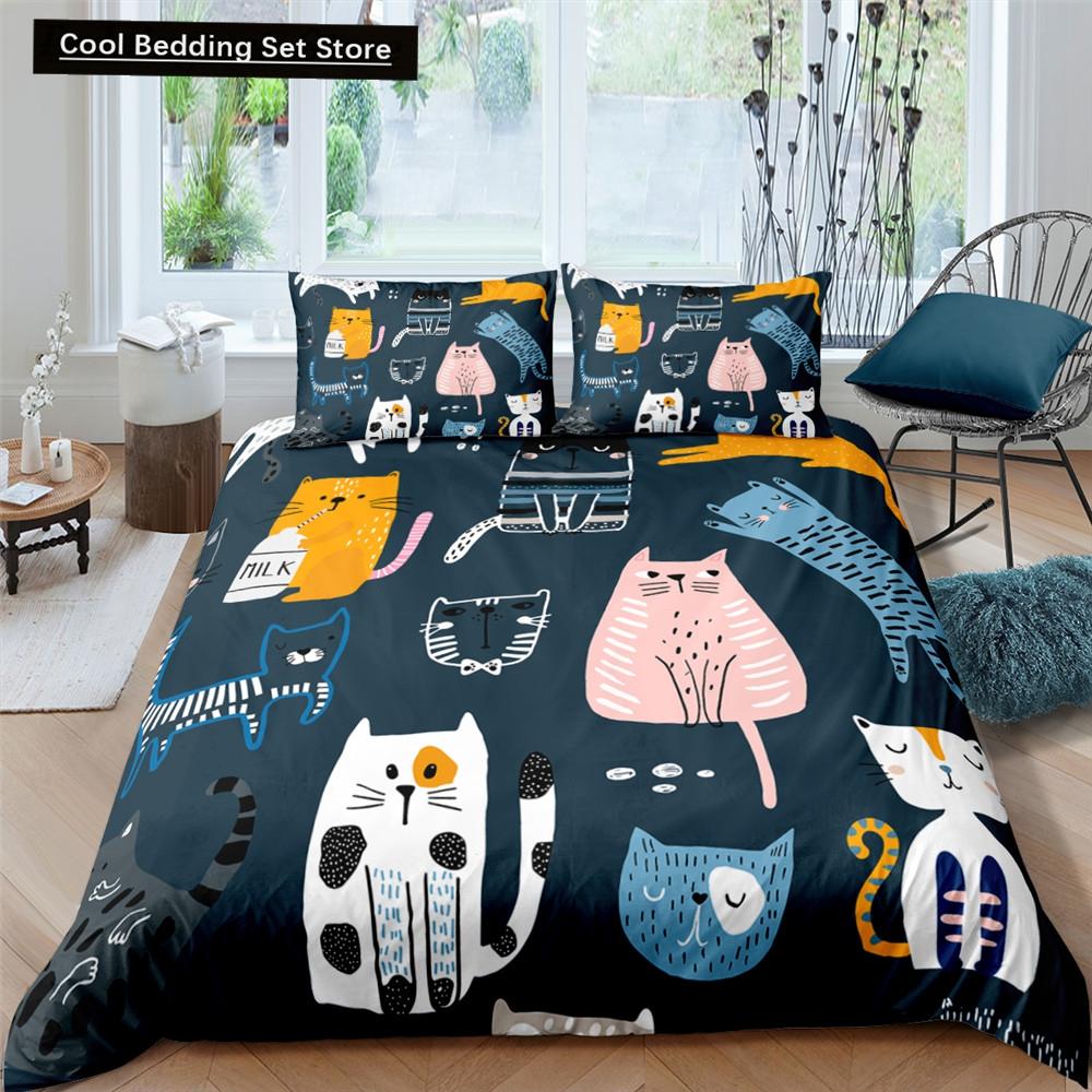 Cartoons Niedliche Katze Bettbezug Bettdeckenbezug Kissenbezug Junge Mädchen 2/3-teiliges Bettwäscheset King Queen Größe Kitty Polyester Bettdeckenbezug