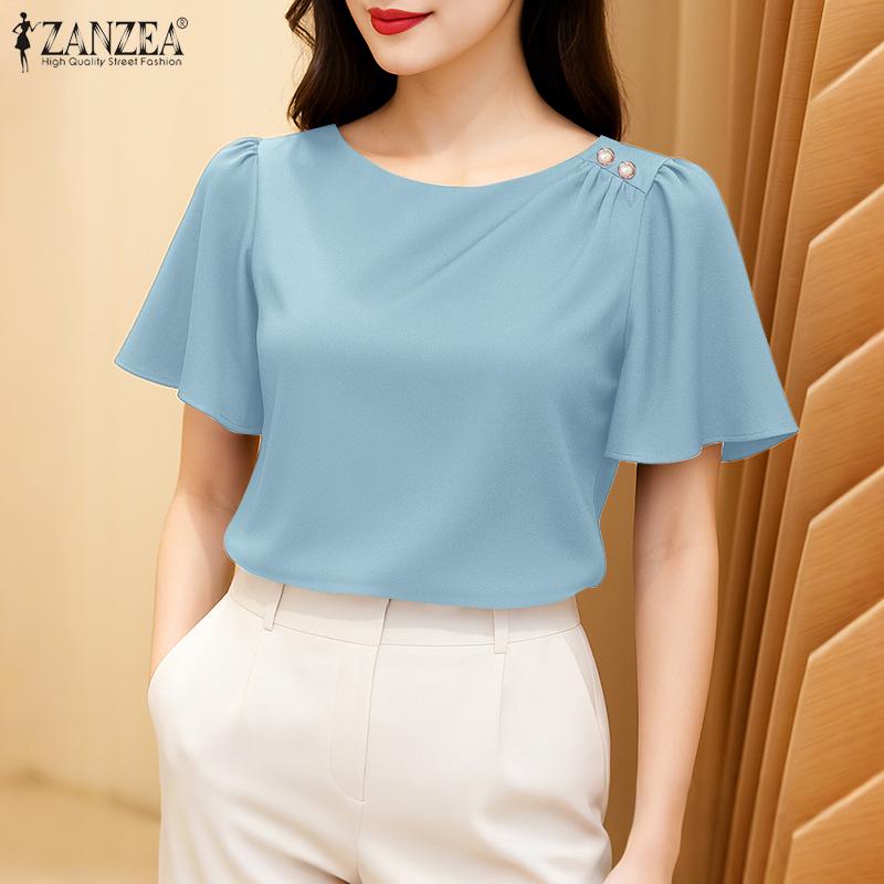 ZANZEA Women Casual Round Neck Summer Short Sleeve Plain Blouse