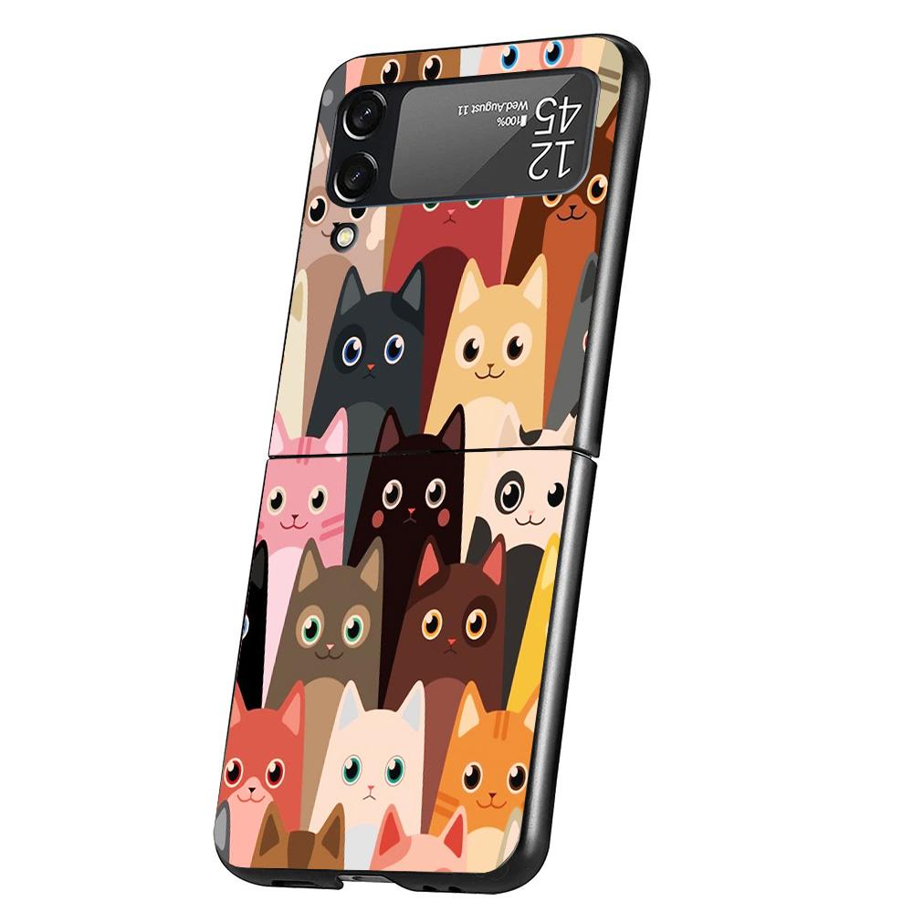Cat Cute Kitten Cartoon Case Phone Cover for Samsung Galaxy Z Flip 7 6 5 4 3 5G ZFlip7 ZFlip6 ZFlip5 ZFlip4 ZFlip3 Black Fundas