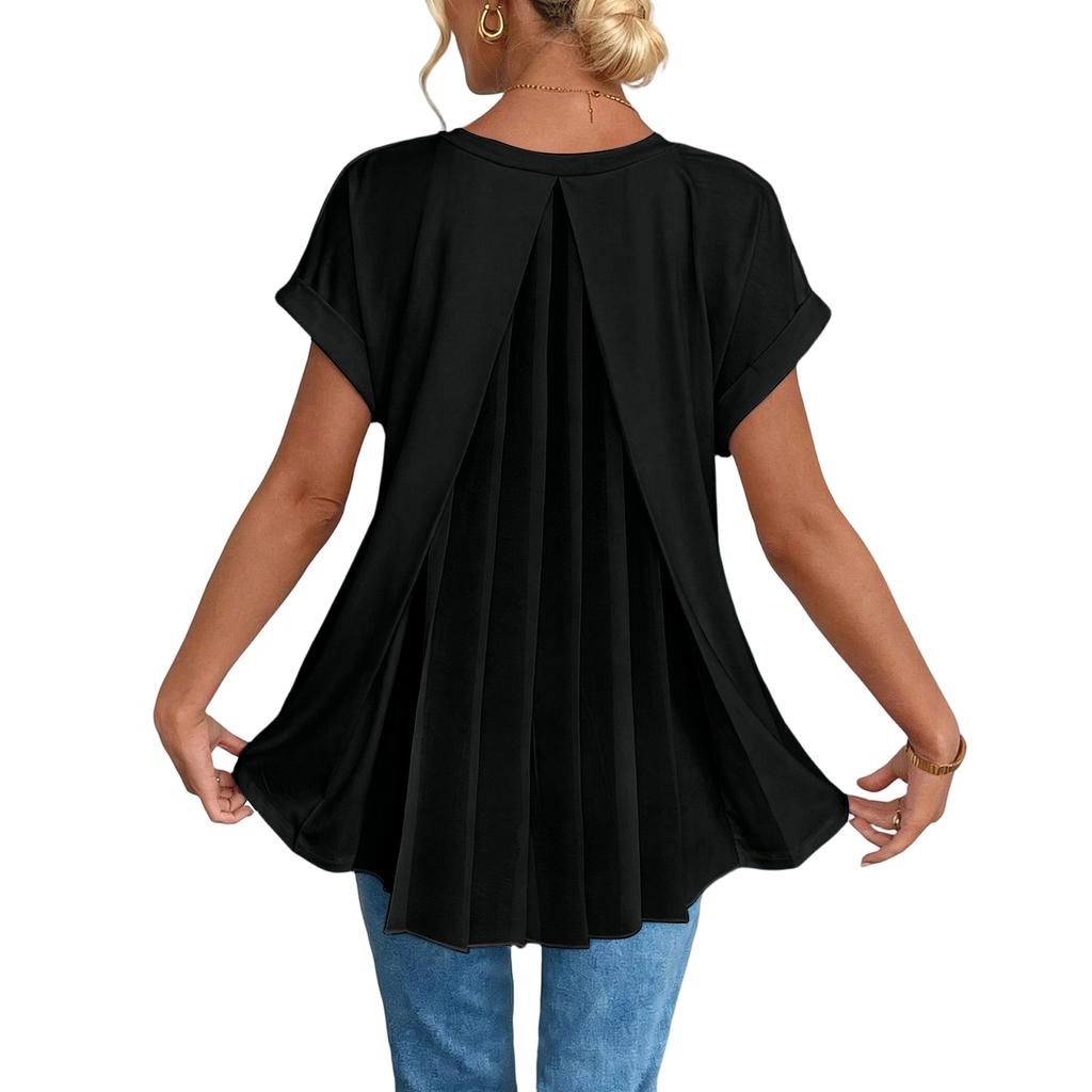Women's Summer Short Sleeve Top V Neck Back Pleated Detail Lightweight Blouse Casual Loose Fit Shirt for Daily Wear