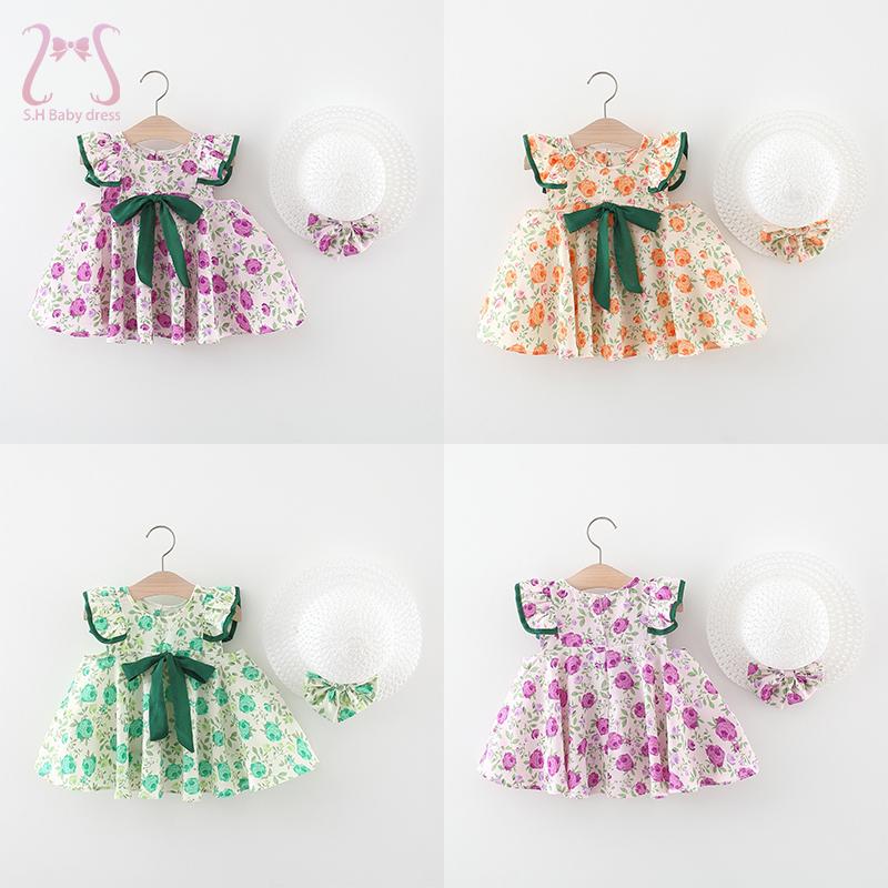

2 шт./компл., новые летние платья без рукавов для маленьких девочек, детская одежда с цветочным принтом и круглым вырезом, бантом и узлом, повседневный детский костюм + шапка