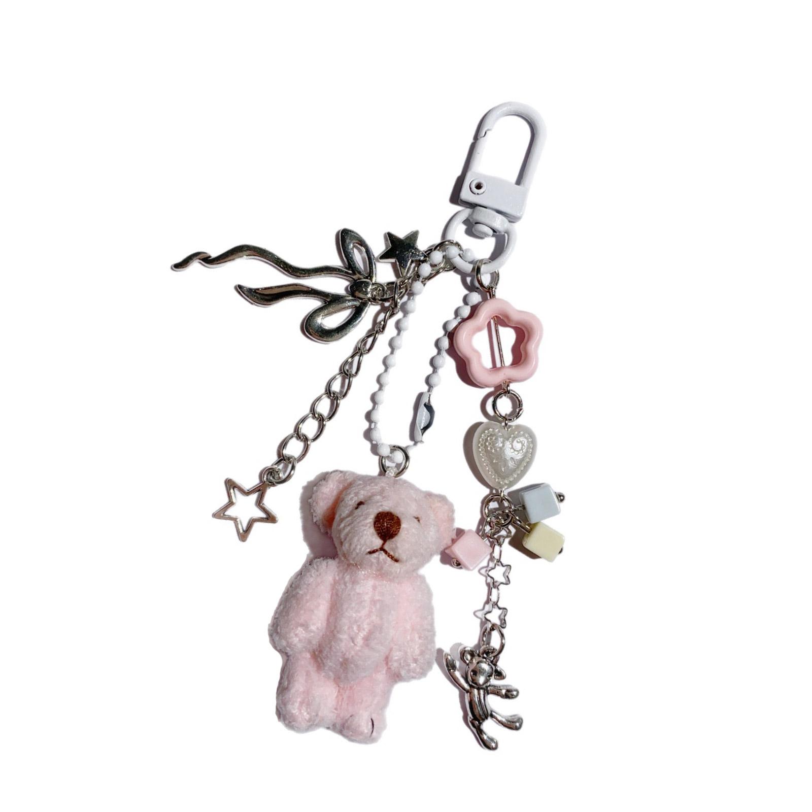 

Плюшевый брелок-шарм в виде медведя с цепочкой из бусин, мягкая подвеска в виде животного, брелок для ключей, аксессуар для рюкзака, подарок ручной работы для женщин, девушек T3