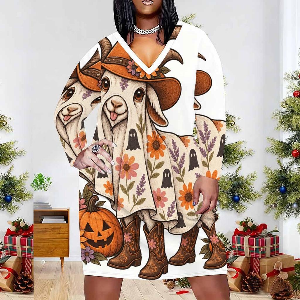 Women Plus Size V Neck Long Sleeve Fitted Halloween Sloth Pumpkin Printed Straight Hem Dress