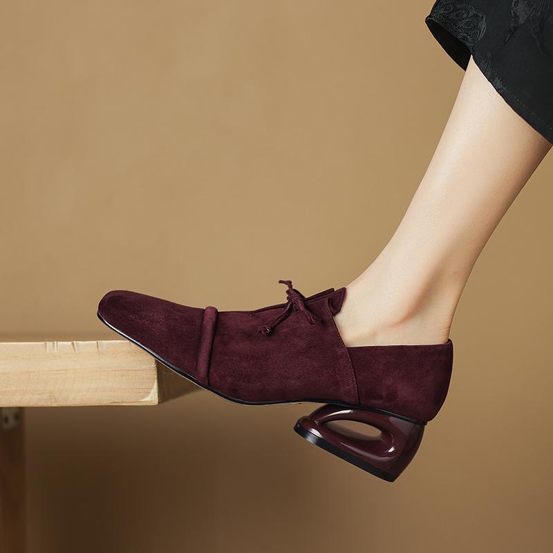 Fashion 2025 New Women Pumps Sheep Suede Leather Shoes for Square Toe Low Heel Shoes Casual Lace-up Handmade Shoes 34-42 Women Heels