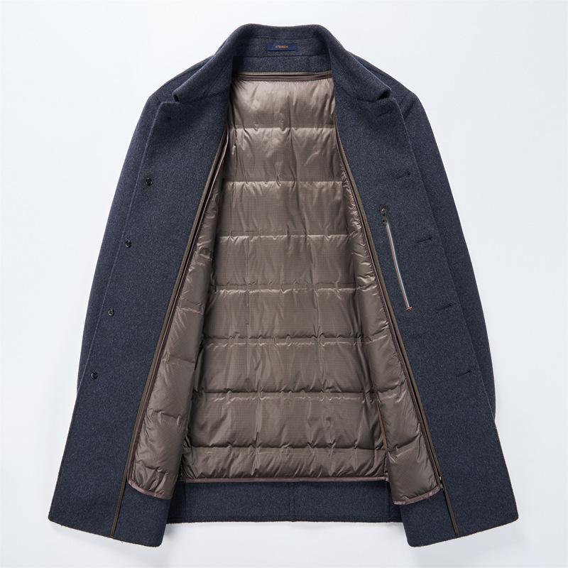 Men's Double-Faced Cashmere Overcoat with Detachable Down Lining - Business Casual Mid-Length for Middle-Aged Dads