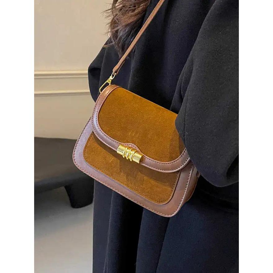 Ретро текстурированные коричневые сумки через плечо женские осенне-зимние искусственные — фото 4