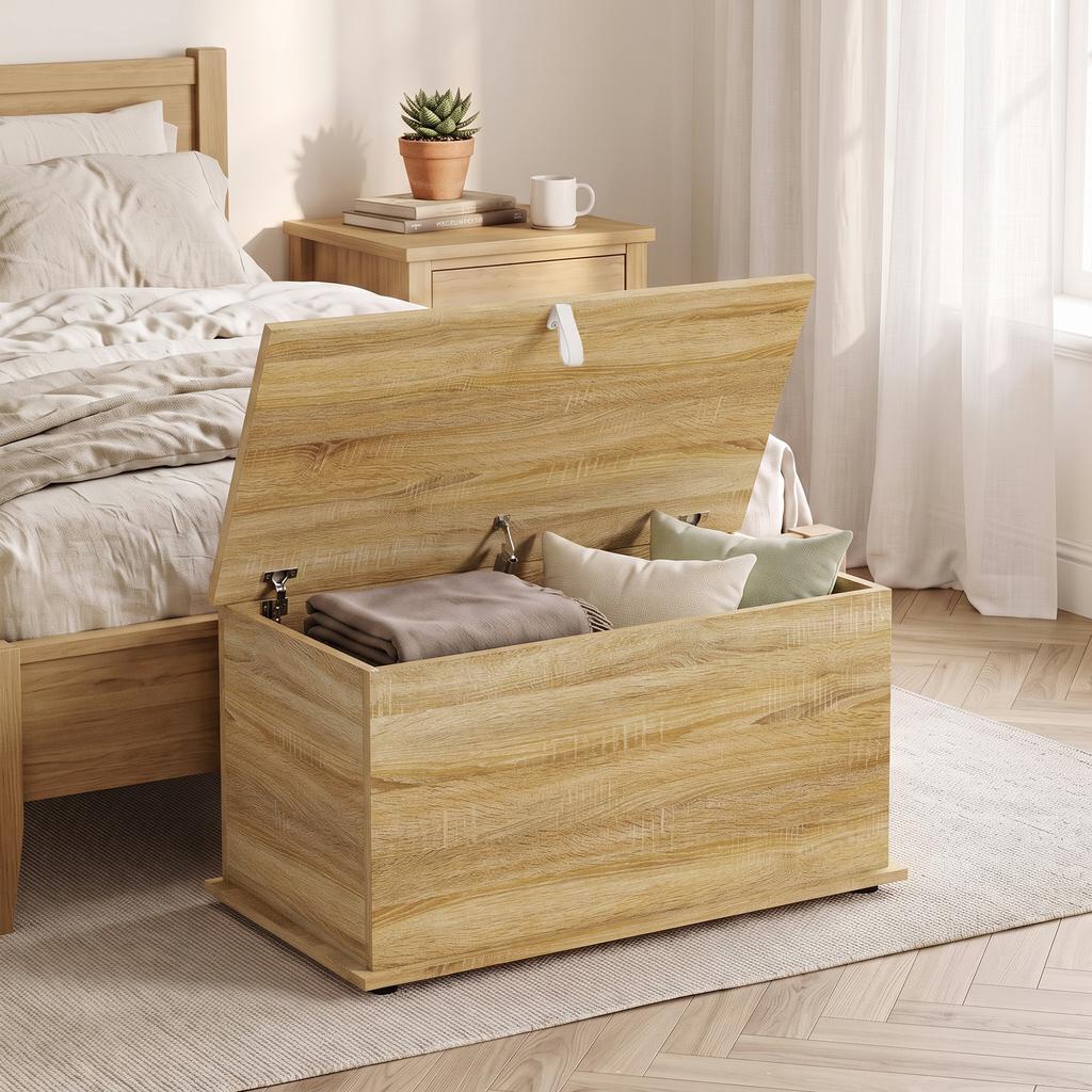 Storage Chest with Hinged Lid, 80 x 40 x 45 cm, Natural Wood