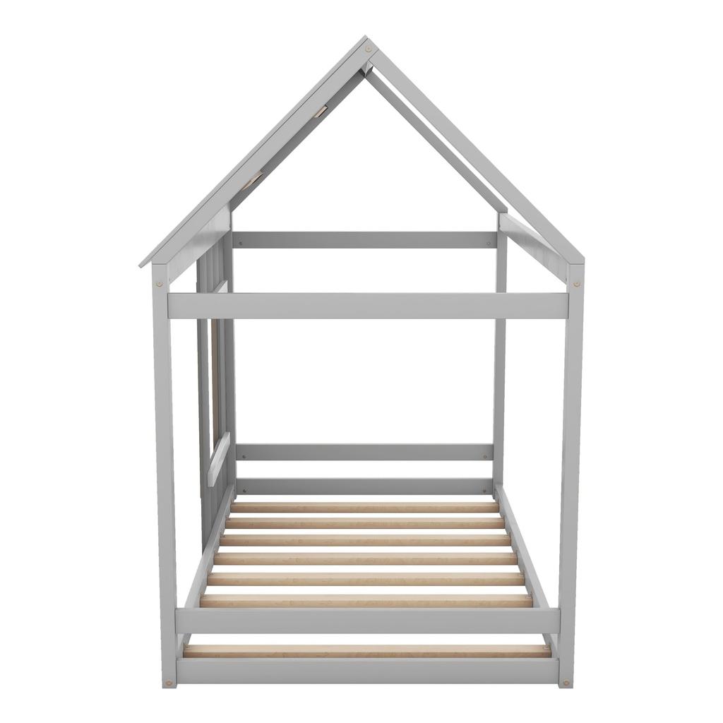 Łóżko domek 90 x 200cm, Łóżko dziecięce pojedyncze ze stelażem listwowym, Stabilne drewniane łóżko domek na drzewie z dachem i oknem, Bez materaca