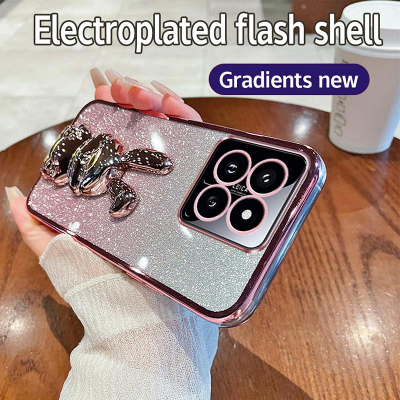 

For Xiaomi 14 Case Glitter Electroplated Cartoon Rabbit Phone Cover with Pull-out Kickstand Pink