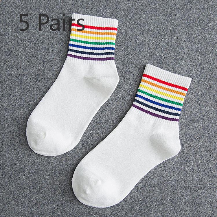 

5 Pairs Rainbow Socks Women s Mid-calf Autumn New Cotton College Style Tide Socks Casual Cotton Socks Rainbow Stripes Socks 5 pairs