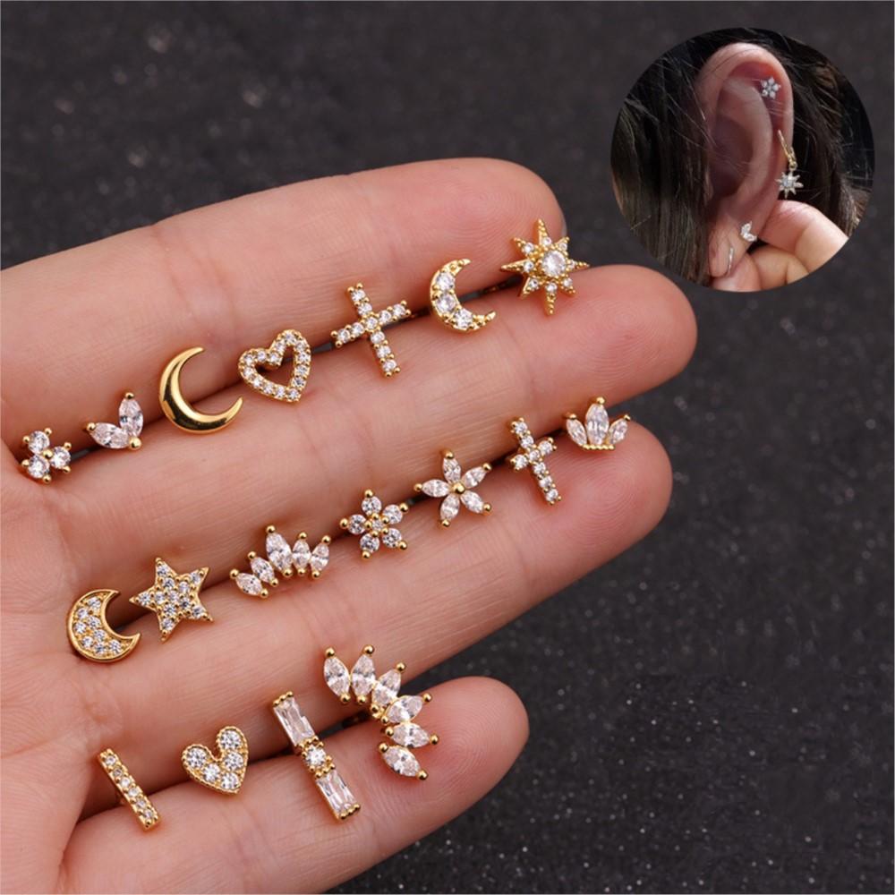 1PC INS Small Helix Piercing Earring For Women Bijou Elagent Cute Heart Cross Crown Cubic Zircon Ear Stud Jewelry Gift KAE348-M