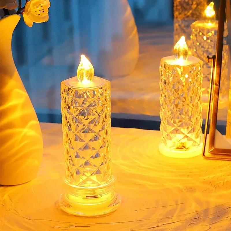 LED Crystal Candle Light Table Lamp Rose Projection Romantic Atmosphere Night Light for Bedroom Party Christmas Wedding Decorate