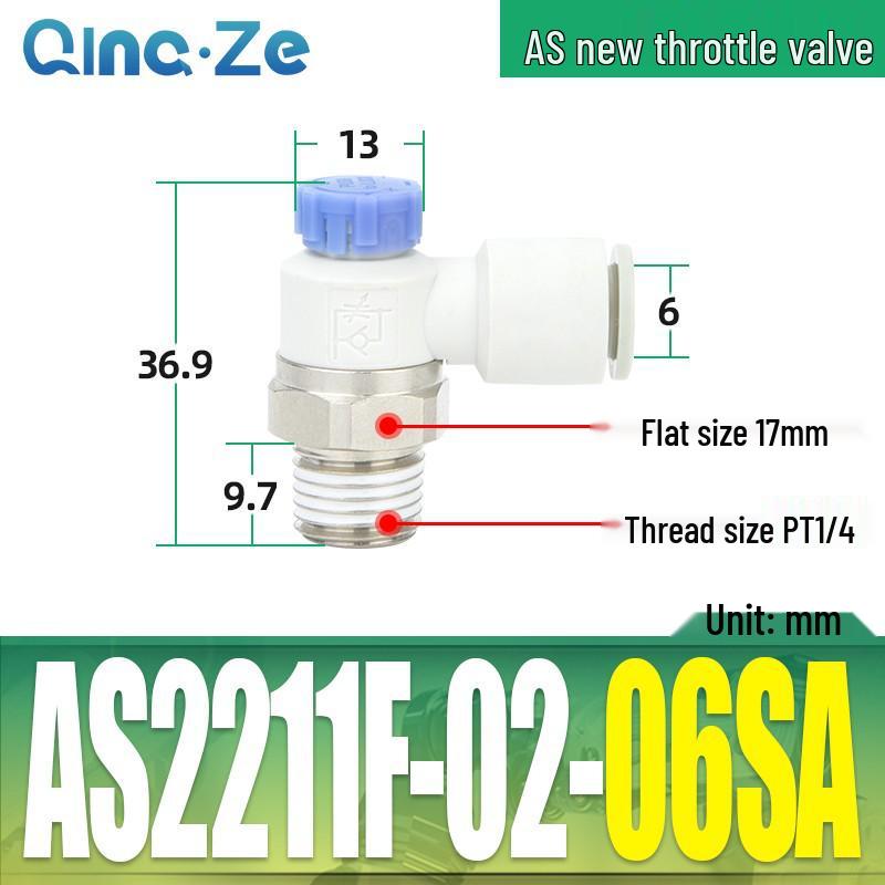 Throttle Speed Control Valve with AS1201F-M5-04A Pneumatic PU Air Hose Connector, Models AS2201F-01-2-06SA/08SA.