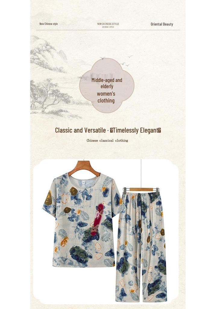 Women's Summer Short-Sleeve Two-Piece Set - Lightweight Nine-Point Pants, Perfect for Casual Home Wear, Ideal for Middle-Aged and Elderly Moms