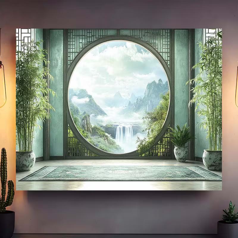 2D Oriental Bamboo and Misty Mountain Backdrop Photography Background Banner