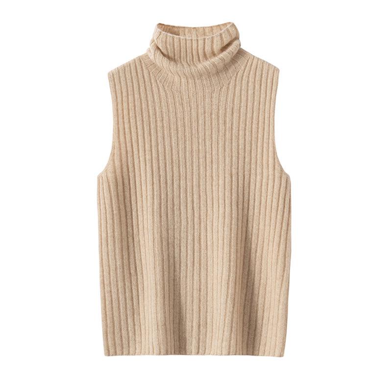 Women's 100% Pure Cashmere Striped Sleeveless Slim-Fit Turtleneck Vest