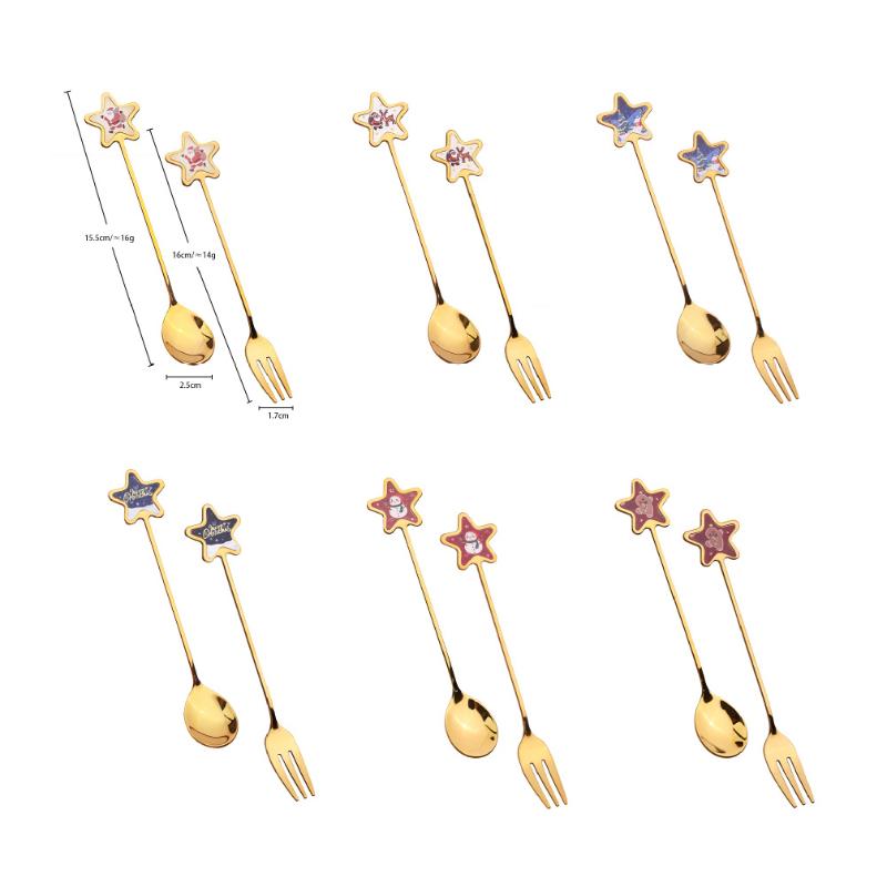 2/6Pcs Christmas Stir Spoon And Golden Dessert Fork Set With Five Star Tree Design For Christmas Eve Party Gift Tableware
