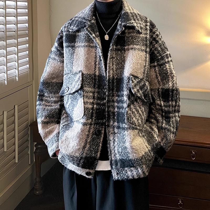 Men's Retro Plaid Wool Coat: Trendy, High-End, Thickened, Warm, Autumn/Winter Casual Jacket