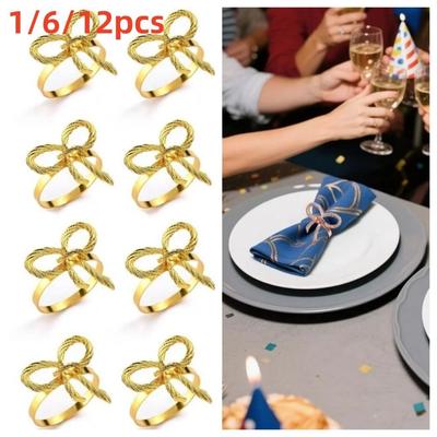 1/6/12pcs Elegant Bow Napkin Ring Buckles Gold Dinnig Table Decoration Napkin Holder Kitchen