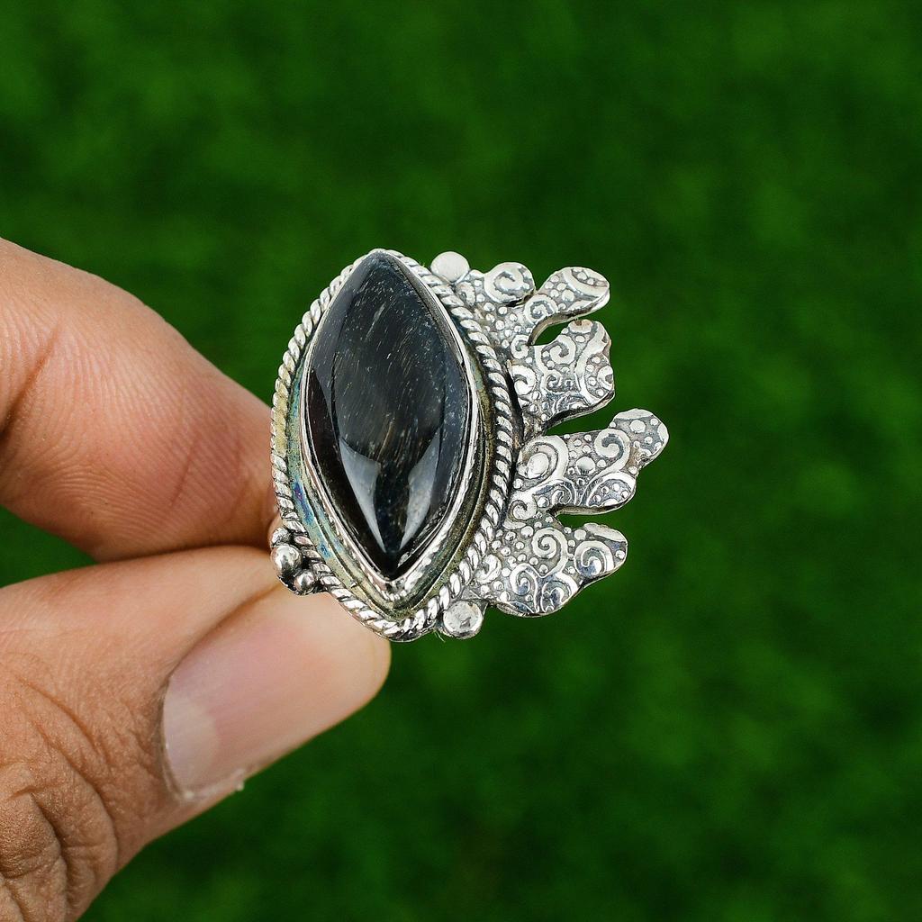 Natural Black Tiger'S Eye Gemstone Statement Adjustable Ring 925 Sterling Silver
