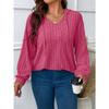 Solid Color Loose Plus Size Hooded V Neck Long Sleeve Ribbed Brushed T Shirt Top