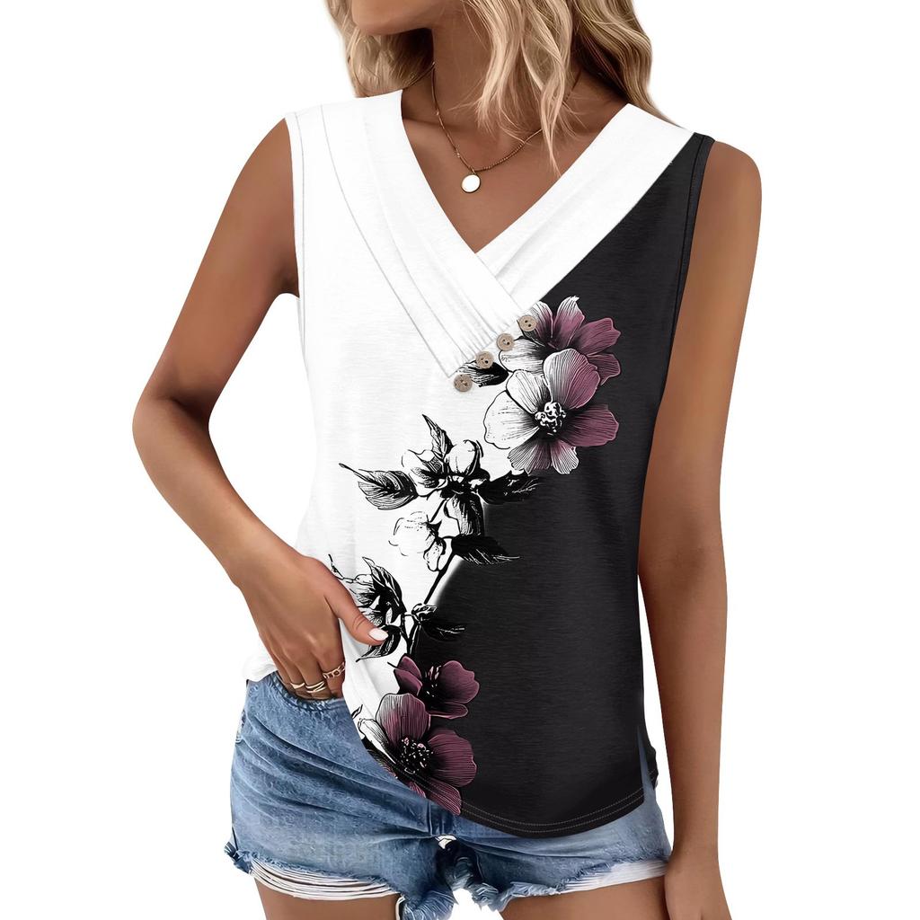 Women's Print Tank Top Button-down V-neck T-shirt Sleeveless Loose Fashion Top