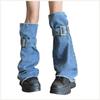 Harajuku Blue Leg Covers with Buckled Strap Washed Jeans Leg Warmer Flared Socks