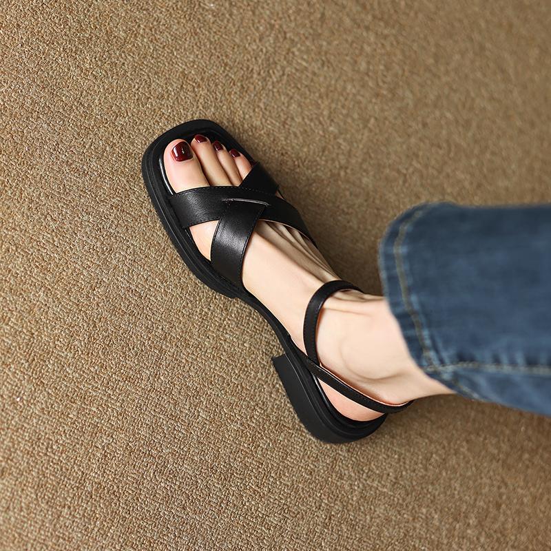 Fashion 2025 New Summer Women Sandals Retro Women Shoes Open Toe Low Heel Sandals Genuine Leather Shoes for Women Brown Big Size