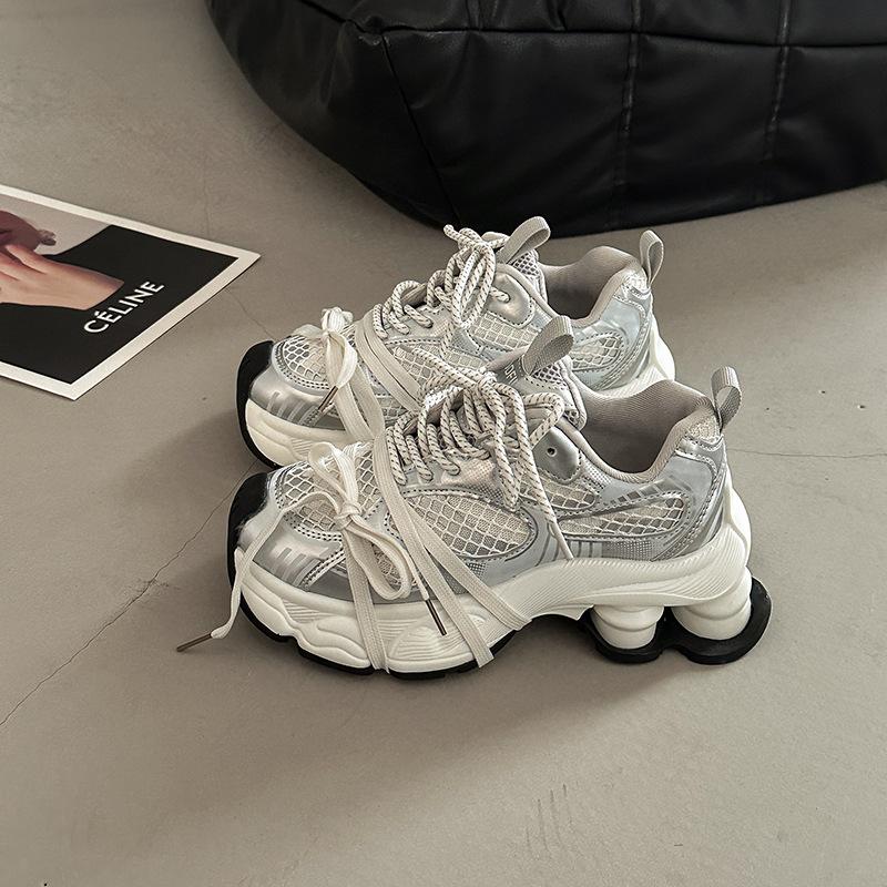 

Универсальный дизайн на шнуровке, толстая подошва, увеличивающая рост, женская летняя модная нишевая спортивная обувь, женская обувь 40 серебряный