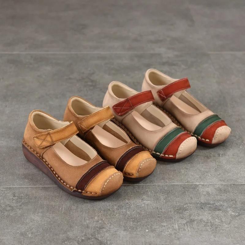 Johnature Retro Round Toe Genuine Leather Women's Shoes Cowhide Soft Sole Mixed Colors Wedge Heel Shoes