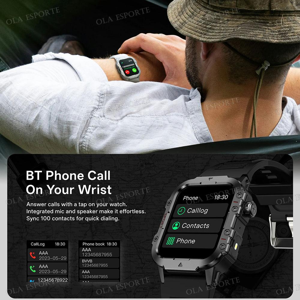 New Military Smart Watch Men IP67 3ATM Outdoor Sports Fitness Tracker Health Monitoring 1.44 Inch Bluetooth Call Smartwatch