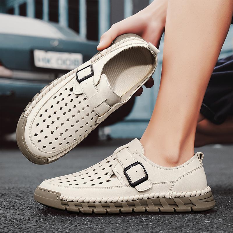 Fashion Men Hollowed Out Casual Shoe Summer Fashion Sports Sandals High-quality Handmade Leather Walking  Summer Designer Shoes   Rubber