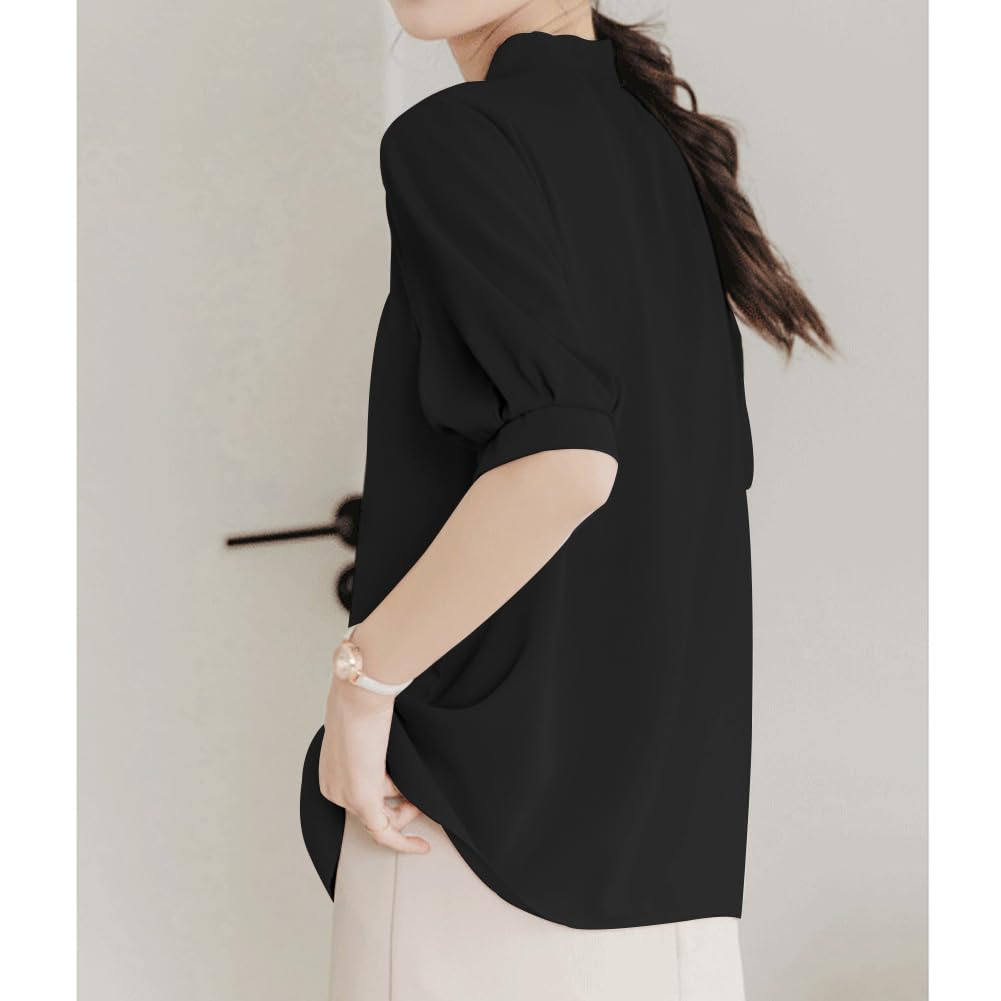 Ino Shirt Blouse Ribbon Top Short Sleeve Smooth Slimming Loose Fit Covers the Body Attractive Stylish Cute Plain Elegant Office Commuting Dates