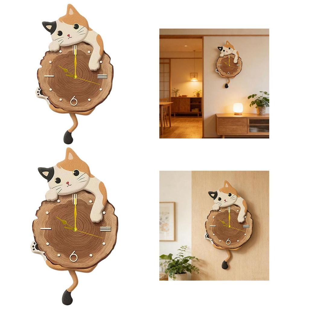 Cat Wall Clock Swinging Tail Pendulum Home Quiet Movement Hotel Analog