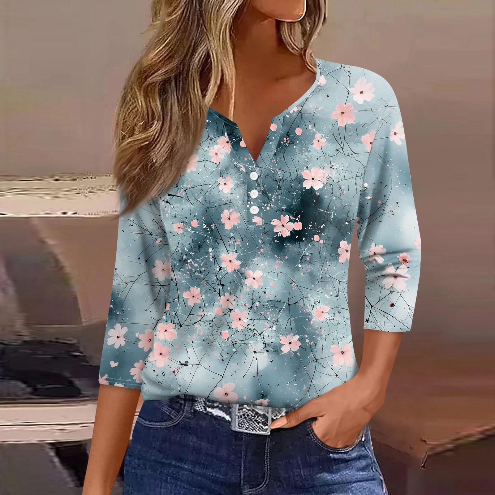 

Жен. Футболка С принтом Пуговицы Рукав 3/4 Повседневные Выходные Мода Классический Классический V-образный вырез Обычный Верх XXXL розовый