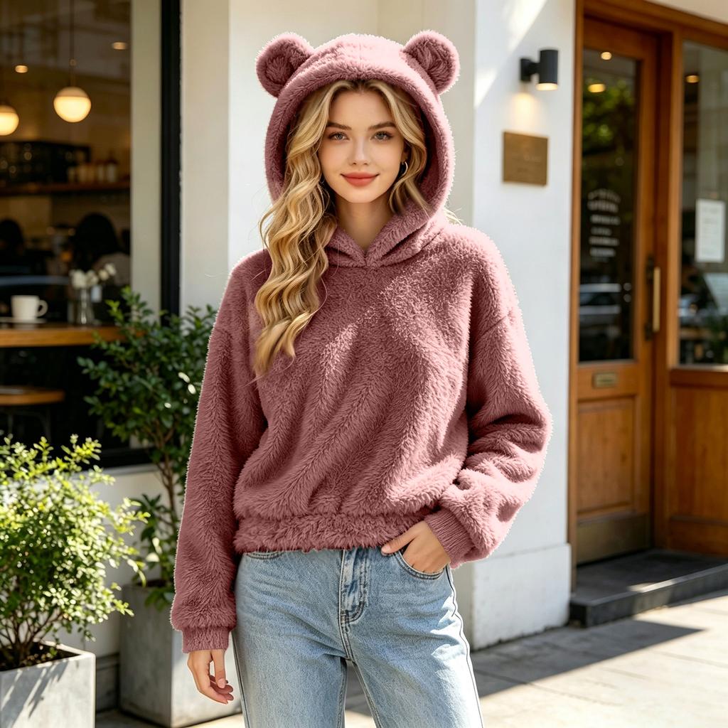 Women's Plush Hooded Sweater with Ears Warm Pullover for Casual Winter Wear