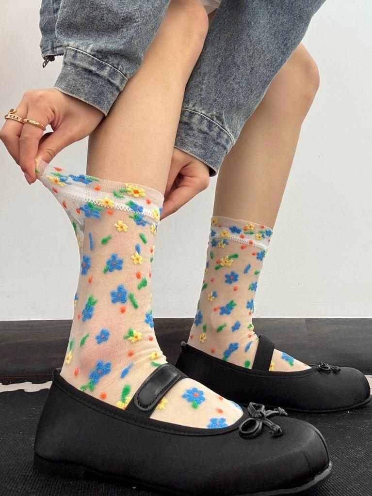Summer Women Socks Ultra-thin Transparent Crystal Silk Socks Women Cartoon Print Japanese Kawaii Cute Funny Elastic Long Socks