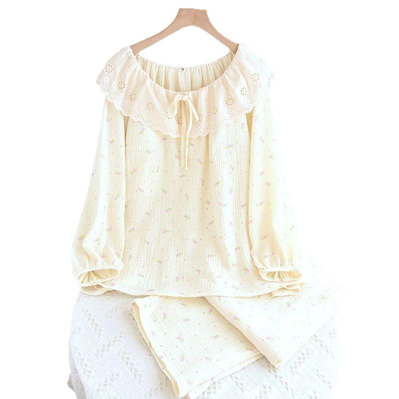 New pajamas pure cotton double-layer gauze spring and autumn casual women's sweet long-sleeved chest pad loungewear set Korean