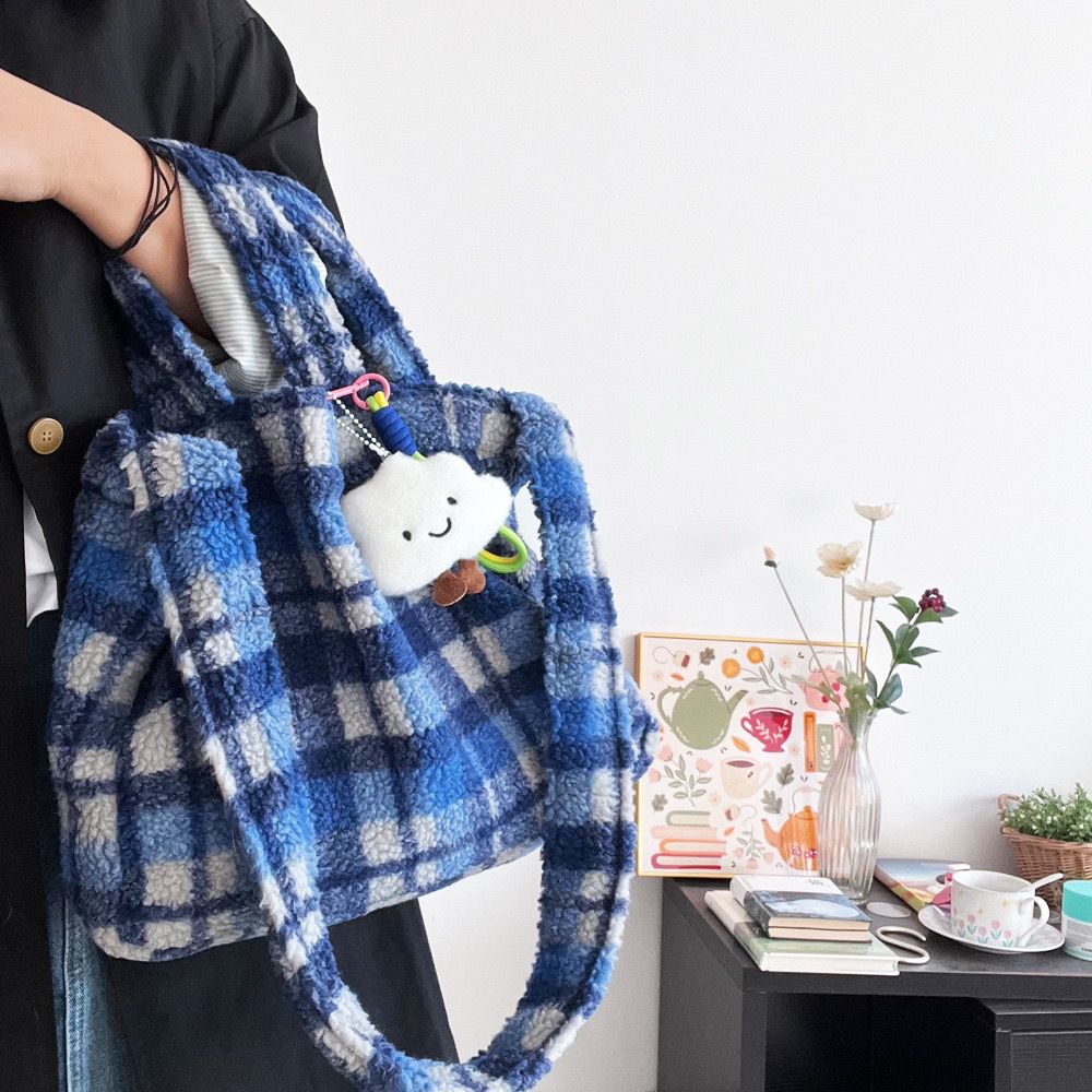 

JIAERDI Retro Blue Plaid Tote Bag Women Plush Large Capacity Hand Carry Shoulder Bag Ladies Daily Casual Commuter Crossbody Bags 45x35cm