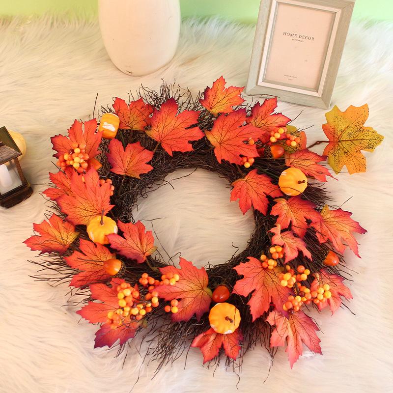 Harvest Festival Pumpkin Maple Leaf Wreath Door Hanging Thanksgiving Autumn Color Simulation Dead Branch Rattan Decoration